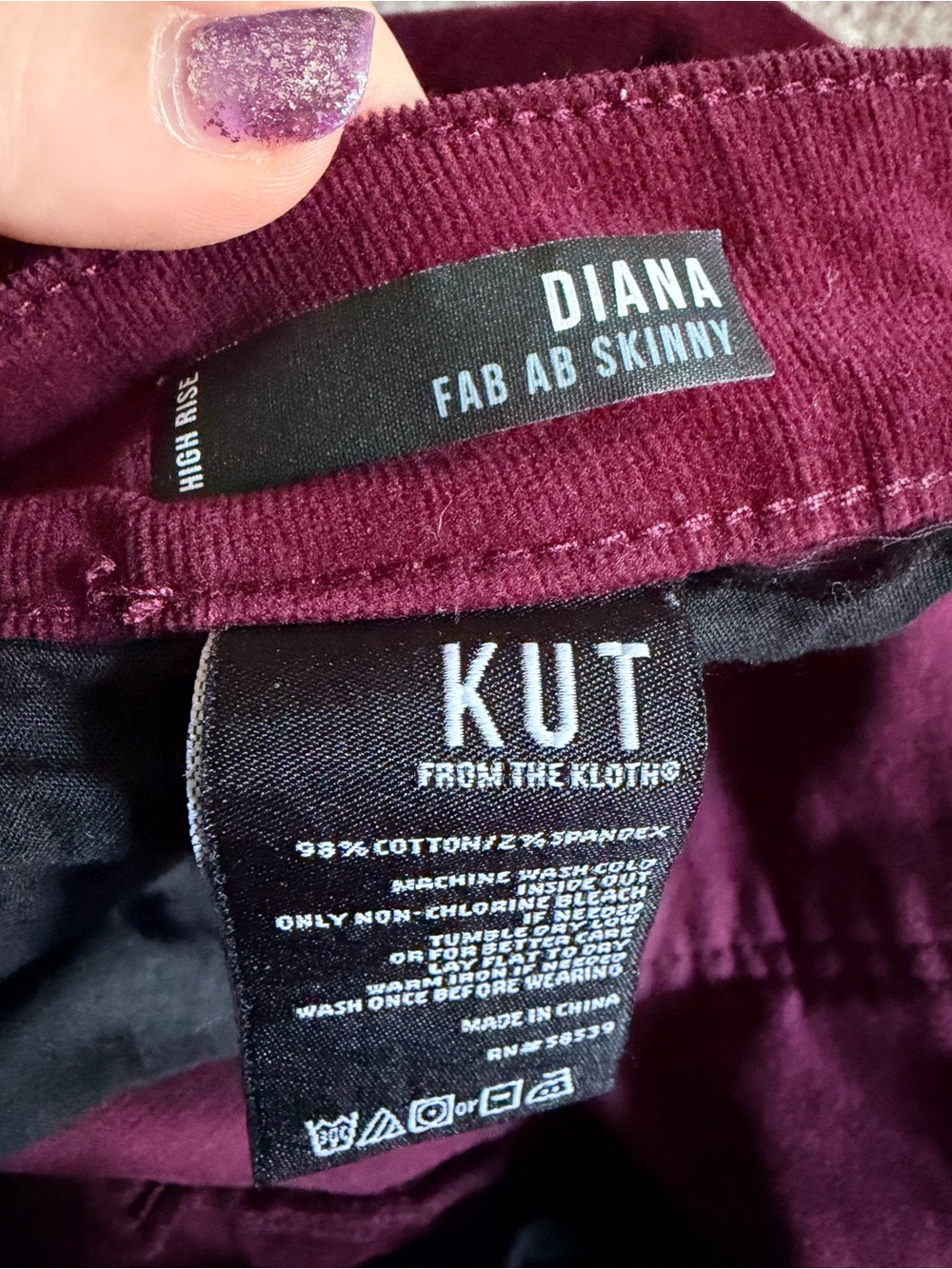 Kut from the Kloth High-Waist Slim Corduroy Pants - Deep Wine size 12 - Picture 6 of 7